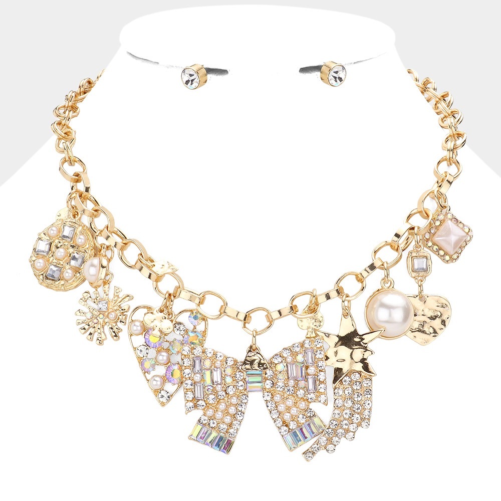 Heart bow pearl and shooting star pendant charm necklace